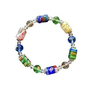 Stretch Beaded Bracelet Embedded Flowers Silver Accents Multicolor OS Colorful